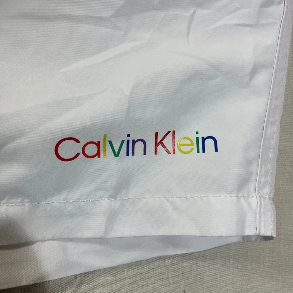 Calvin Klein Mens White Pride Rainbow Logo Swim Trunks Shorts Large 5in Inseam